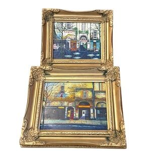 Pair Of Hand Painted Oil Painting Parisian StorefrontsWith Gold‎ Ornate Frame
